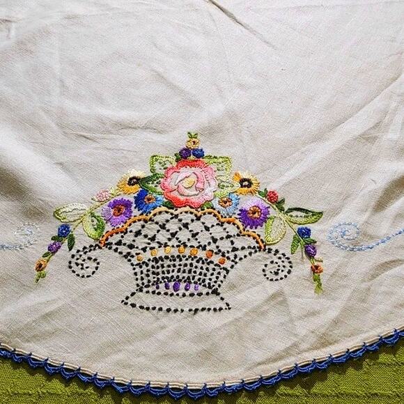 Vtg Irish Linen Hand Embroidered Floral Baskets Round Table Cover Blue Edge - Picture 1 of 7